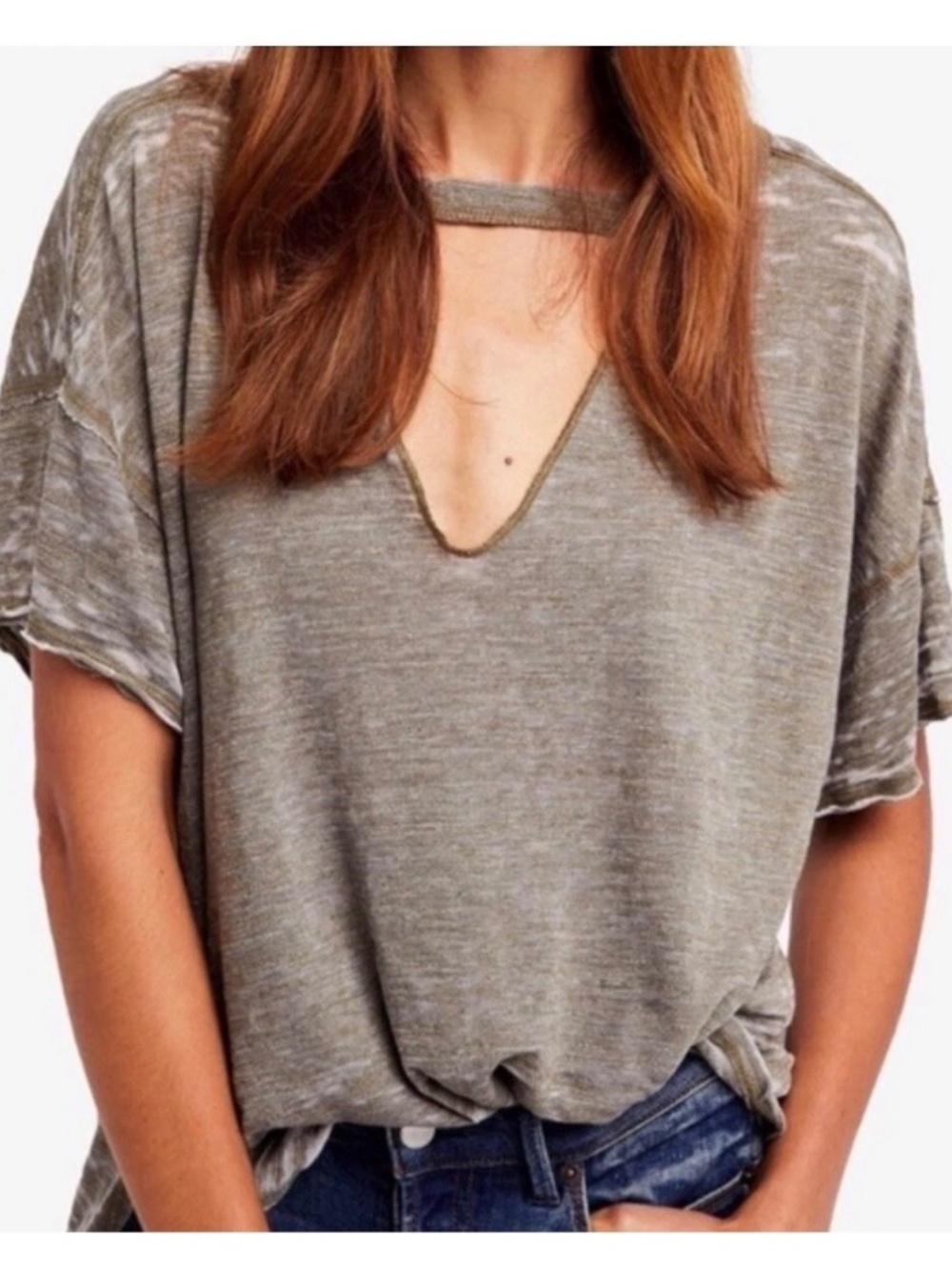 Free People We The Free Jordan Burnout Tee Cut Out T-Shirt Olive Green V-Neck Md